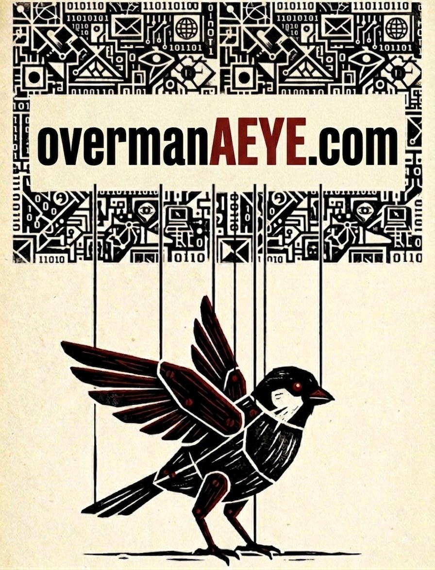 A woodcut sparrow with wings made of technology, strings descending from a band of circuitry above.